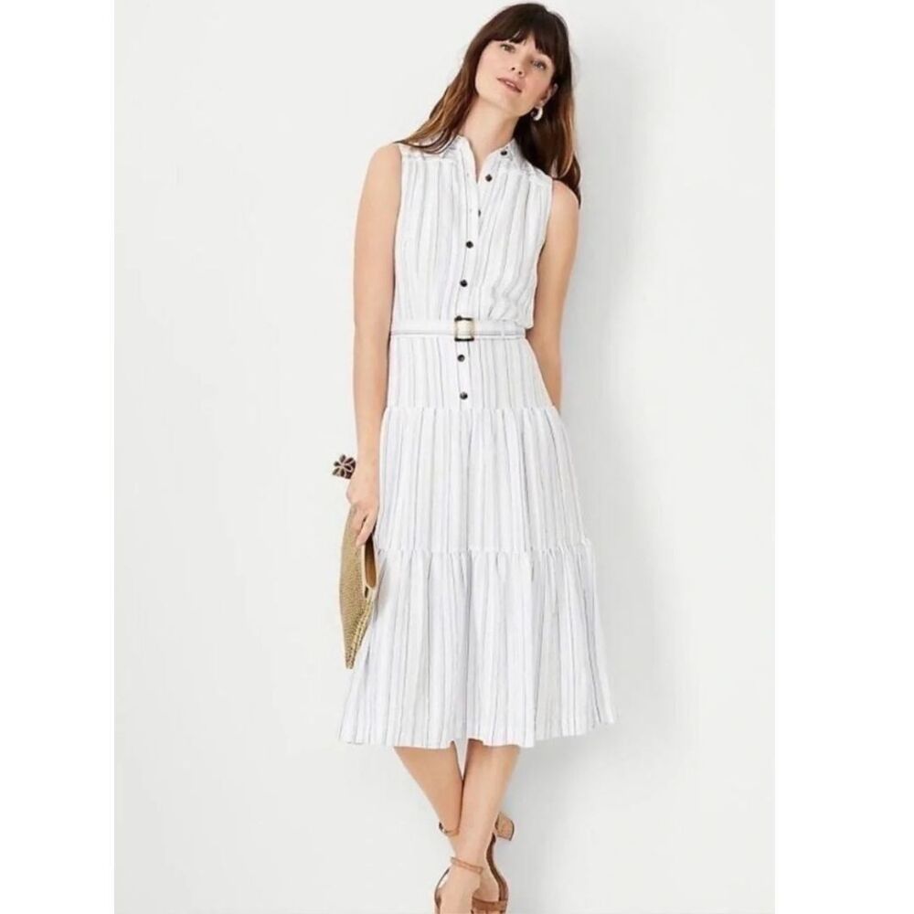 Ann Taylor Petite Stripe Tiered Midi Dress Size 12P Belted Sleeveless Button